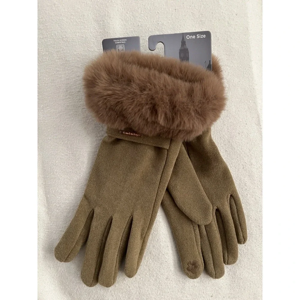 NEW London Fog Faux Fur Gloves Women's OS Touch Screen Compatible Taupe / Tan